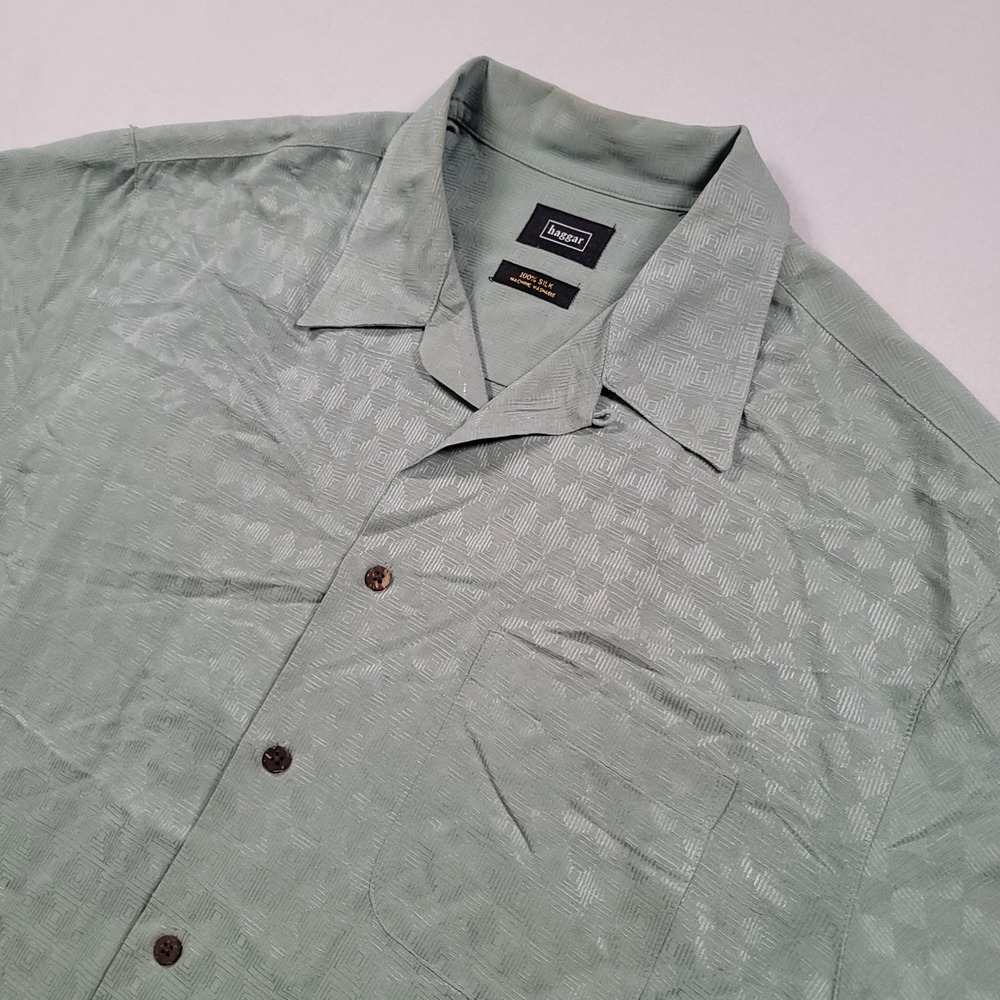 Haggar Silk Shirt Mens XL‎ Green Geometric Short Sleeve Button Down Camp Casual